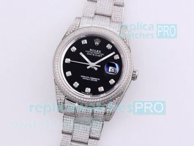 Rolex Datejust Black Diamond Dial Replica Watch Iced Out Oyster Bracelet